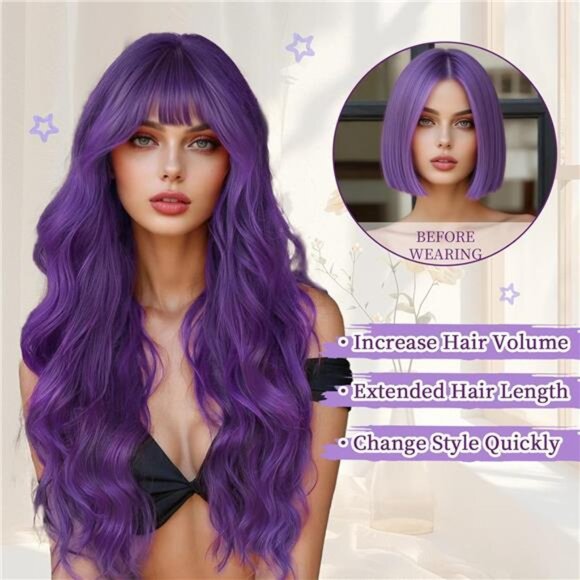 Purple Wavy Wig With Bangs for Women - Picture 5 of 6